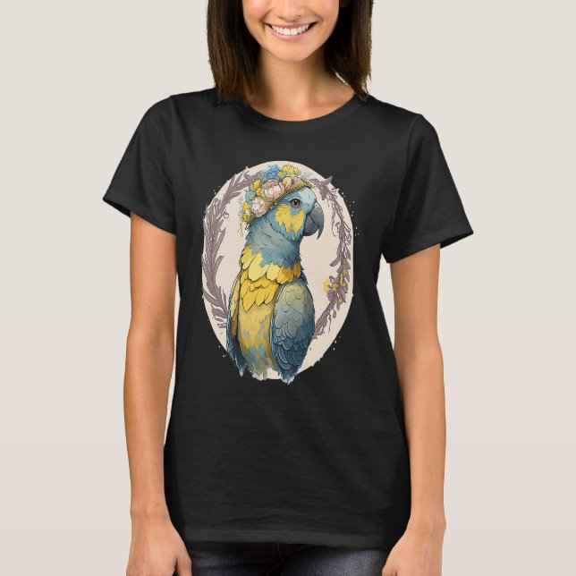 Yellow Blue Ara Macaw Flower Crown Parrot Parakeet T Shirt (Framsida)