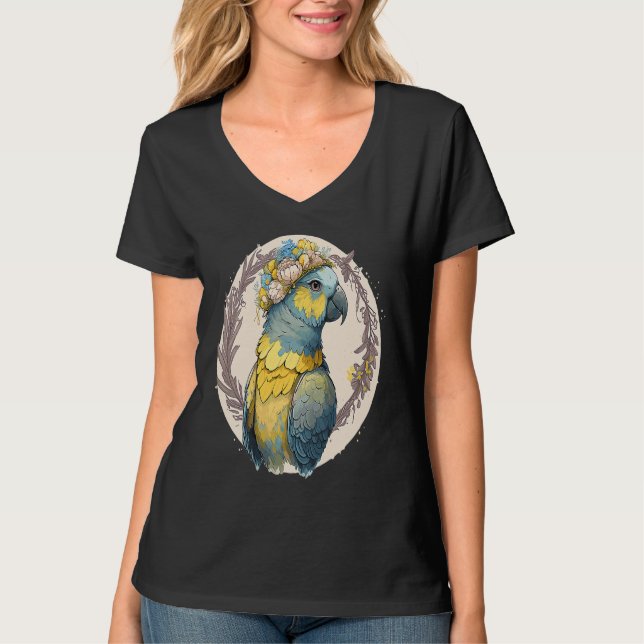 Yellow Blue Ara Macaw Flower Crown Parrot Parakeet T Shirt (Framsida)