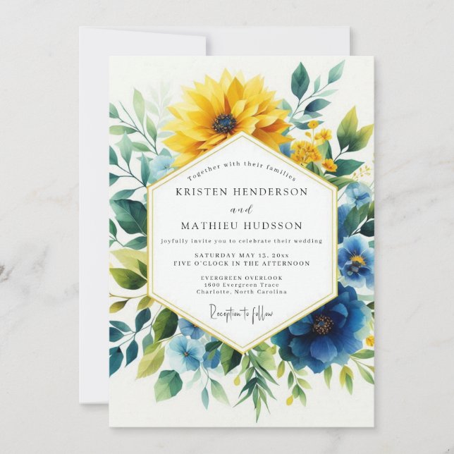 Yellow Blue Botanical Bloom Wedding Inbjudningar (Framsida)
