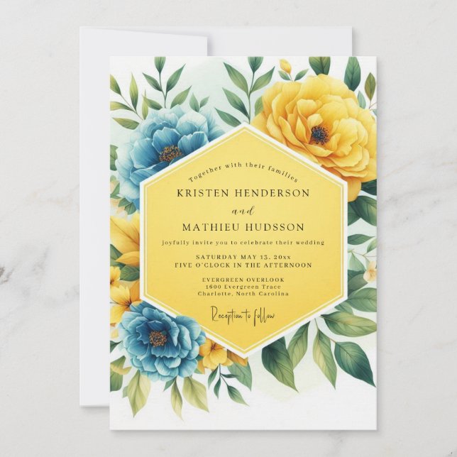 Yellow Blue Floral Whimsy Wedding Inbjudningar (Framsida)