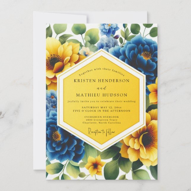 Yellow Blue Floral Whimsy Wedding Inbjudningar (Framsida)