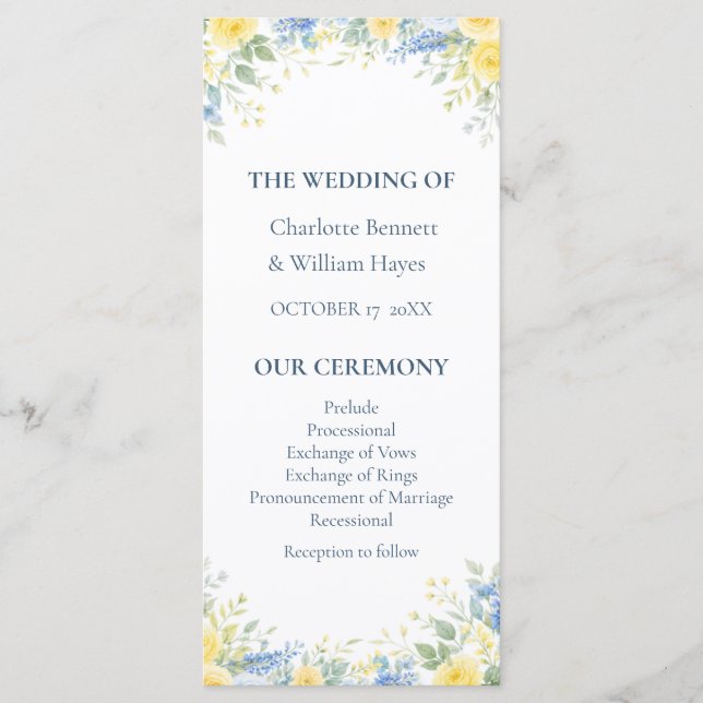 Yellow Blue Watercolor Floral Wedding Program (Framsida)