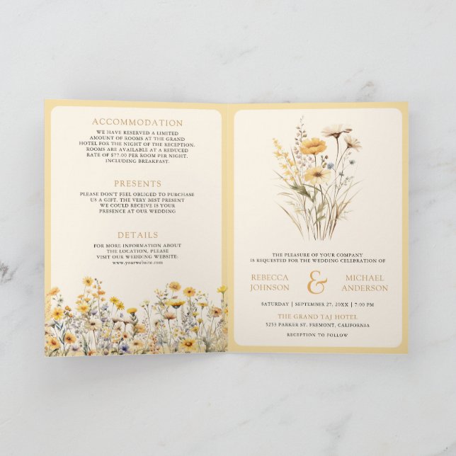 Yellow Boho Wildflower QR Code Wedding Inbjudan (Inuti)