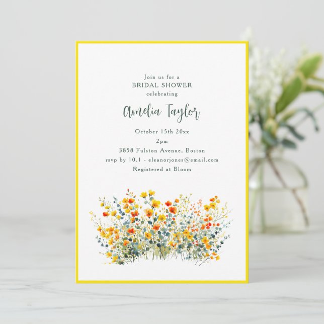 Yellow Border Wildflower Spring Bridal Shower Inbjudningar (Stående Fram)