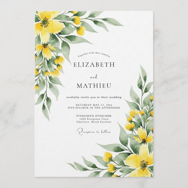 Yellow Botanical Meadow Wedding Inbjudningar (Framsida)