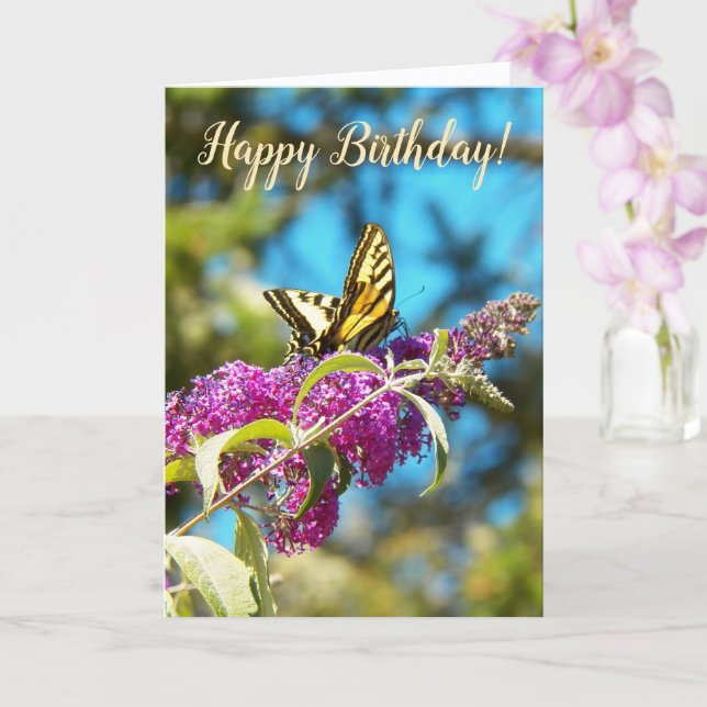 Yellow Butterfly on Pink Flowers Birthday Kort (Orkide)