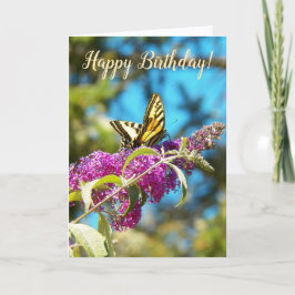 Yellow Butterfly on Pink Flowers Birthday Kort