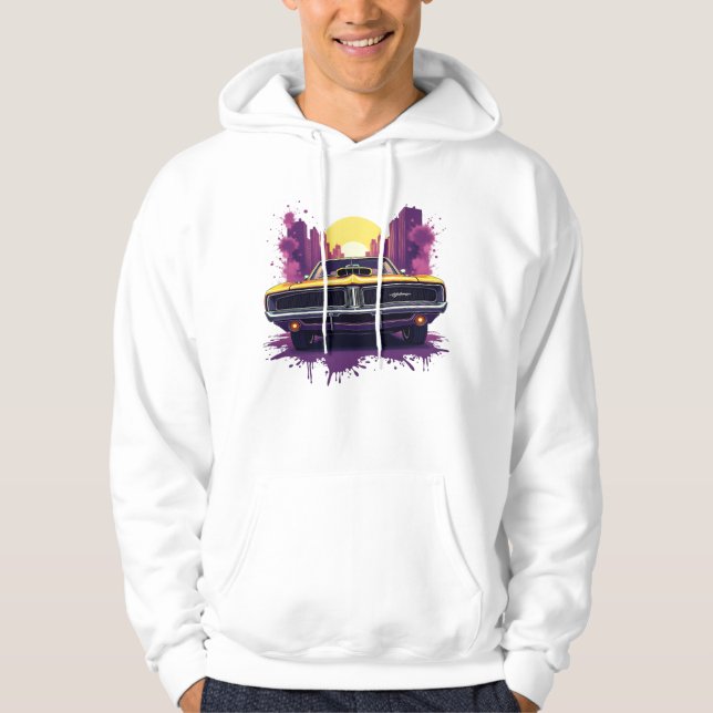 Yellow Car with Street Art Skyline Design Hoodie (Framsida)