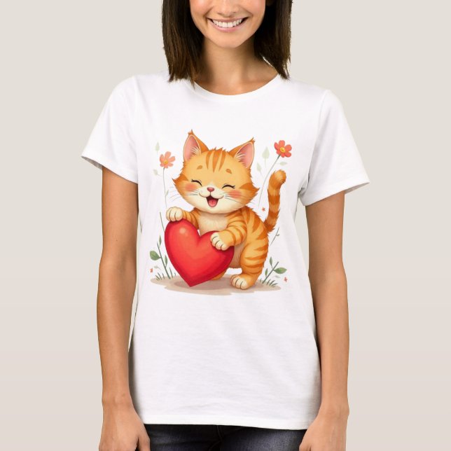 Yellow Cat Holding Red Heart Women T-Shirt (Framsida)