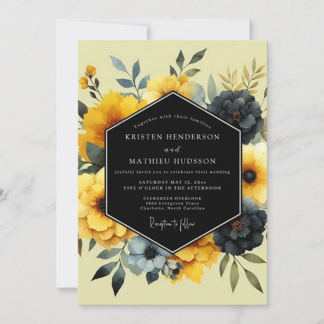 Yellow Charcoal Artistic Bloom Wedding Inbjudningar (Framsida)