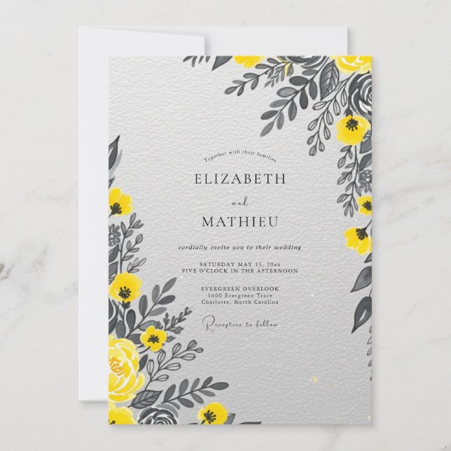 Yellow Charcoal Polished Botanical Wedding Inbjudningar (Framsida)