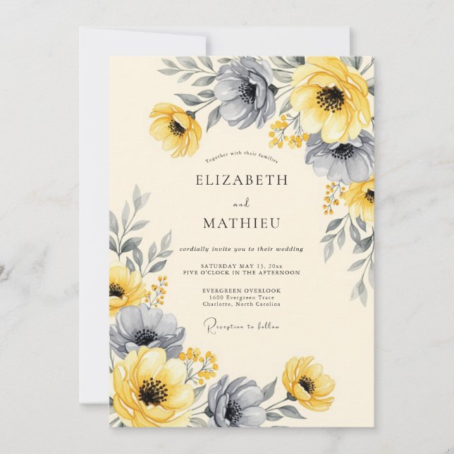 Yellow Charcoal Striking Floral Wedding Inbjudningar (Framsida)