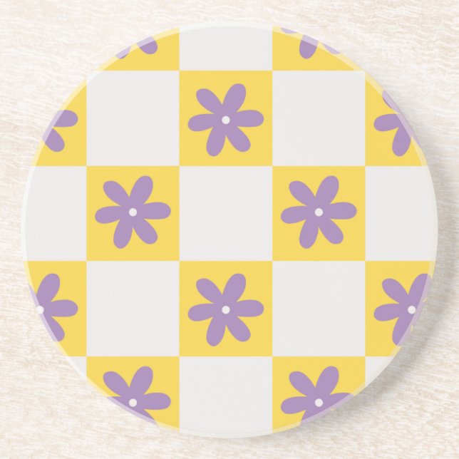 Yellow Checkerboard Floral Pattern – Purple Daisy  Underlägg (Framsidan)
