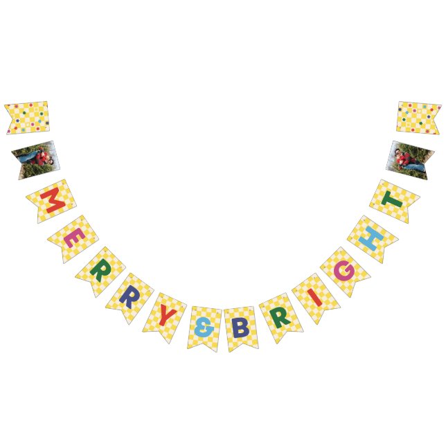 Yellow Checkerboard Merry & Bright Bunting Banner Vimplar (Alla)