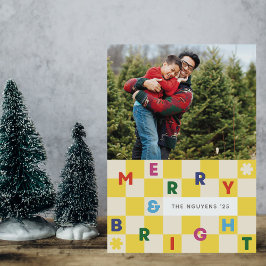 Yellow Checkerboard Merry & Bright Christmas Card Inbjudningar