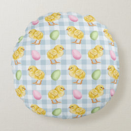 Yellow Chicks And Eggs On Blue Gingham Pattern Rund Kudde