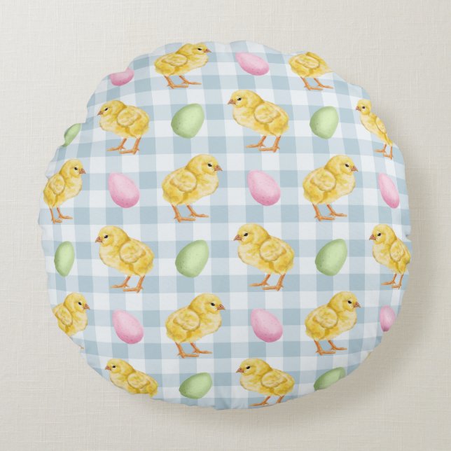 Yellow Chicks And Eggs On Blue Gingham Pattern Rund Kudde (Framsidan)