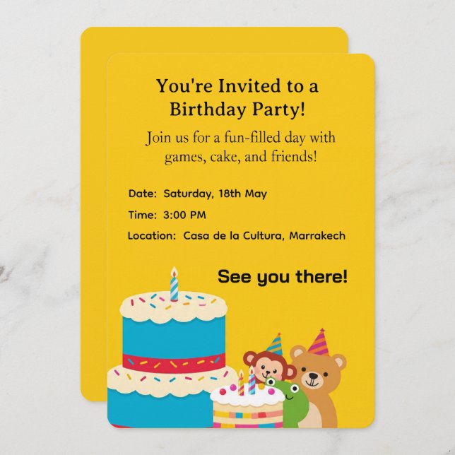  Yellow Childish Birthday Invitation Card – Fun Ki (Fram/baksida)