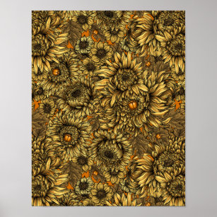 Yellow chrysanthemum flowers and orange beetles poster