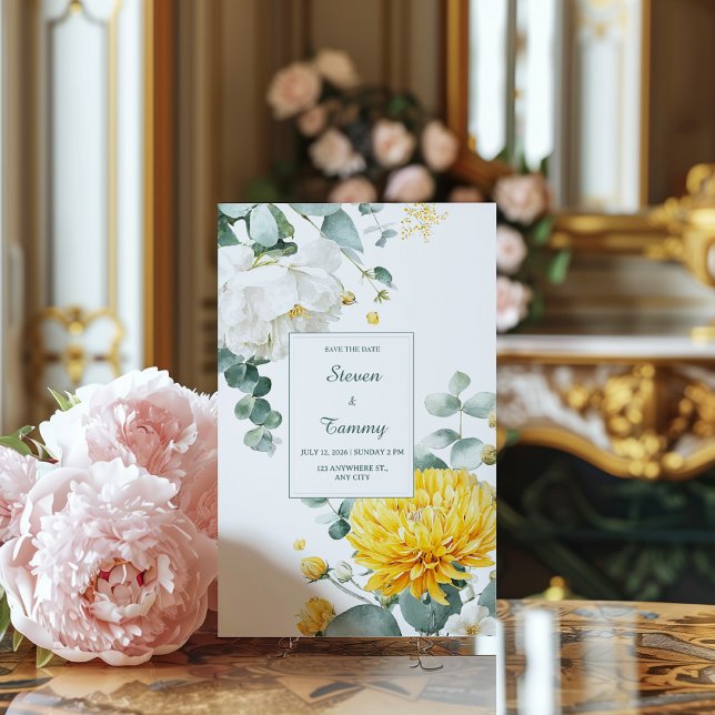 Yellow Chrysanthemum White Peony Eucalyptus Inbjudningar (Skapare uppladdad)