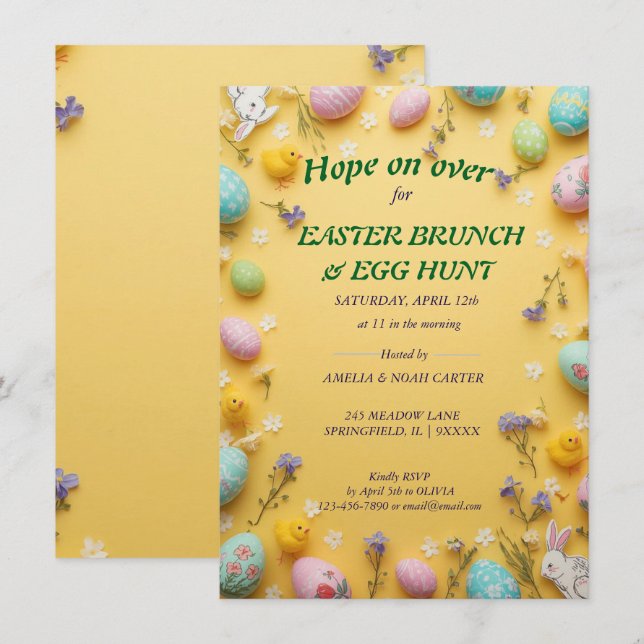 Yellow colorful  Easter BRUNCH & HUNT Inbjudningar (Fram/baksida)
