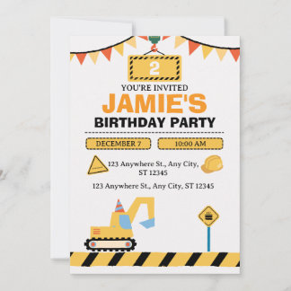 Yellow Cute Construction Truck Boys 2nd Birthday Inbjudningar
