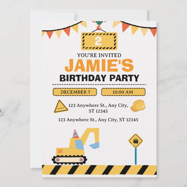 Yellow Cute Construction Truck Boys 2nd Birthday Spara Datumet (Framsida)