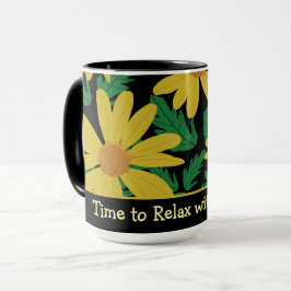 Yellow daisy flowers with green leaves  mugg