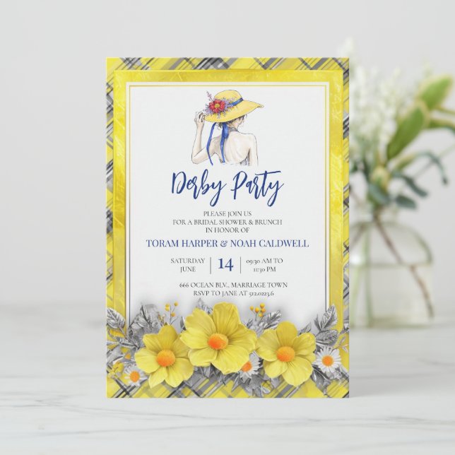 Yellow Derby Party Invitation Bridal Shower Plaid  Inbjudningar (Stående Fram)