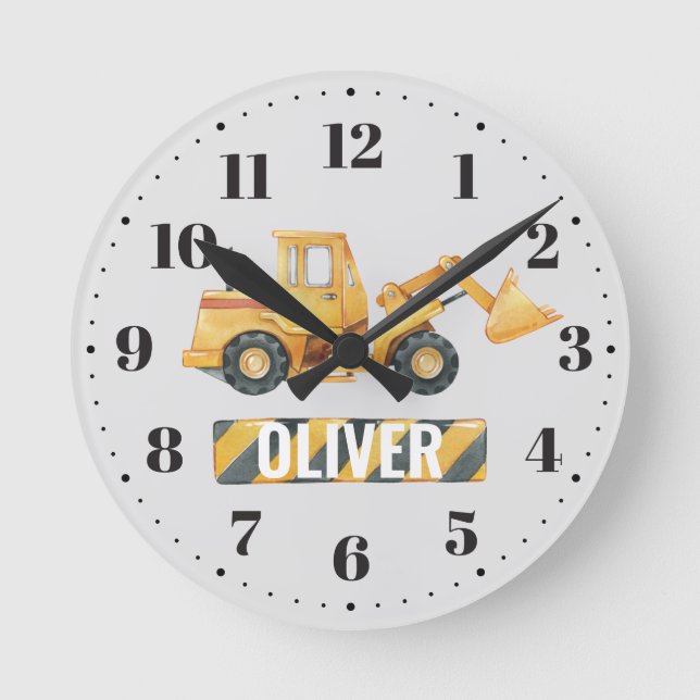 Yellow Digger Boys Nursery Bedroom Decor Add Name Rund Klocka (Framsida)