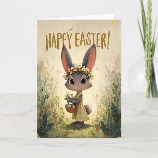Yellow Dress Flower-Crown Bunny Easter Card Kort (Framsida)