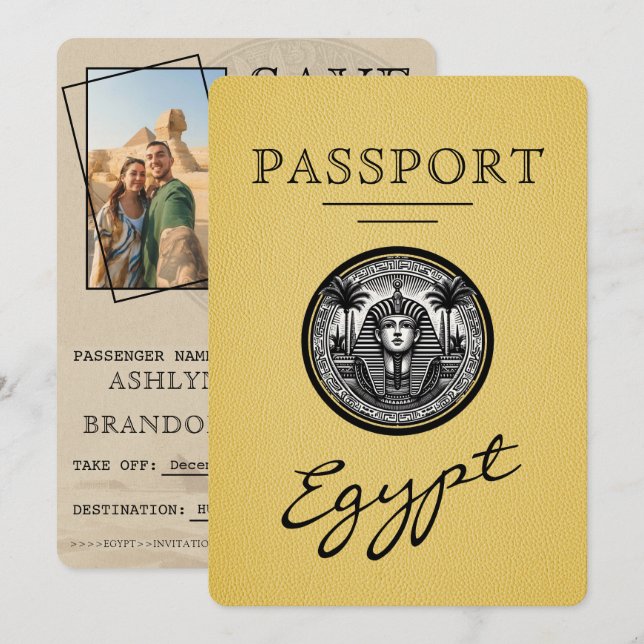 Yellow Egypt Passport Wedding Save the Date Spara Datumet (Fram/baksida)