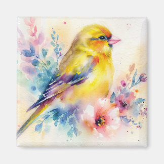 Yellow Finch Floral Bird Watercolor Art Magnet