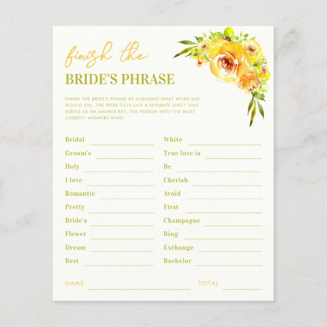 Yellow Finish the Brides Phrase Bridal Shower Game (Framsida)