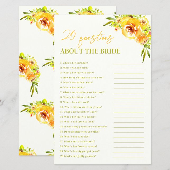Yellow Floral 20 Questions About the Bride Game (Fram/baksida)