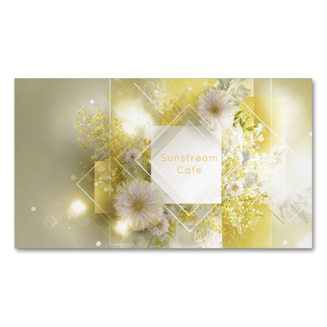 Yellow Floral Mimosa Geometric Diamond Frame Magnetiska Visitkort (Framsida)