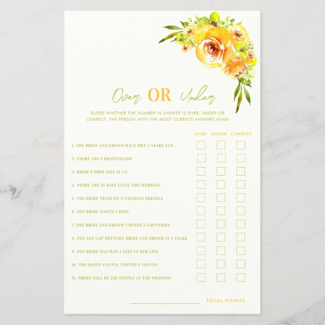Yellow Floral Over or Under Bridal Shower Game (Framsida)