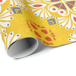 yellow floral-patterned design with white, orange presentpapper