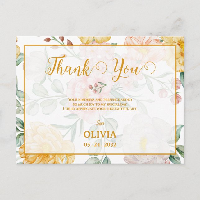  Yellow Floral Romantic Bridal Shower Thank You Vykort (Framsida)