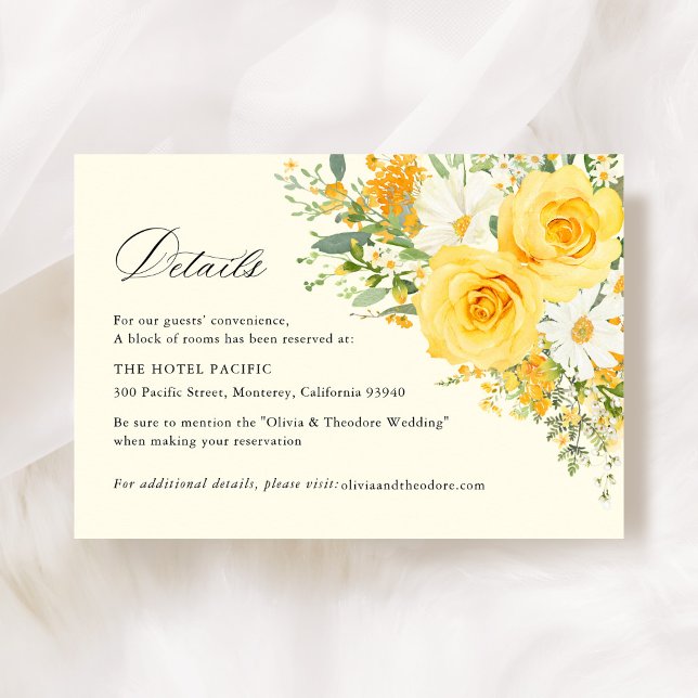 Yellow Floral Rose Wedding Hotel Details Tilläggskort (Yellow floral wedding accommodation card, watercolor yellow roses garden hotel details insert)