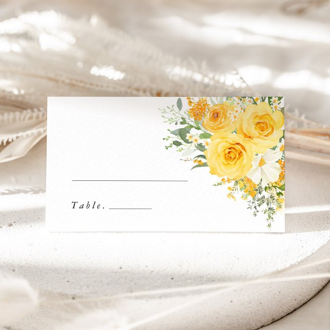 Yellow Floral Rose Wedding Name Place Card Placeringskort (Yellow rose wedding place card, watercolor floral escort card, elegant romantic reception name card)