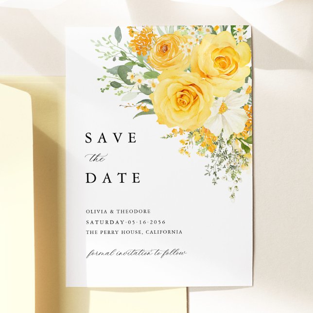 Yellow Floral Rose Wedding Save the Date Spara Datumet (Yellow floral wedding save the date card, watercolor yellow rose garden romantic wedding stationery )