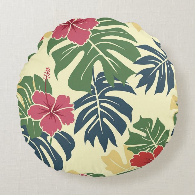 Yellow Floral Tropical Round Pillow Rund Kudde (Framsidan)