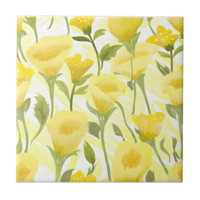Yellow Floral Watercolor Painting Kakelplatta (Framsidan)