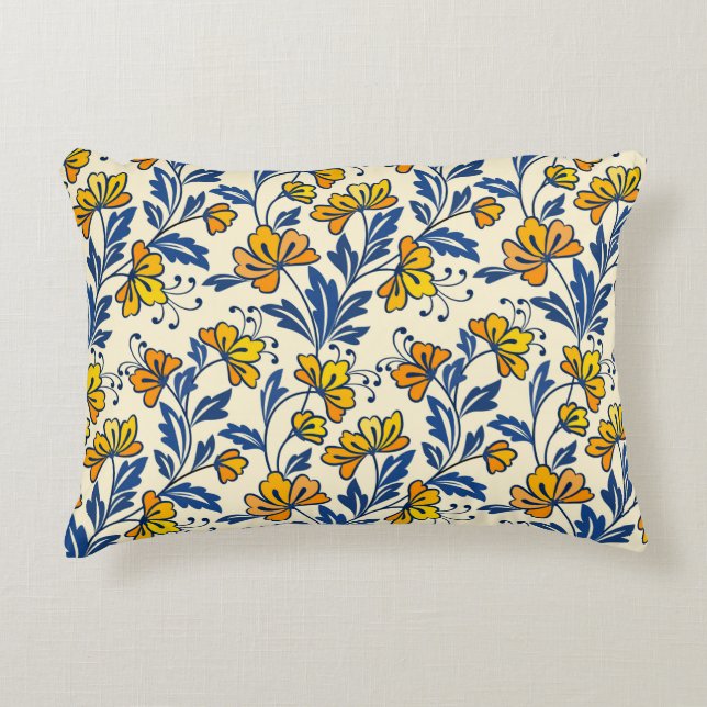 Yellow flower and blue leaf design seamless patter prydnadskudde (Framsidan)