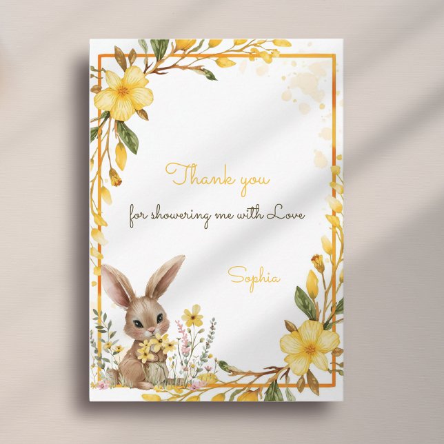 Yellow Flower Cute Bunny Spring Easter Baby Shower Tack Kort (Skapare uppladdad)