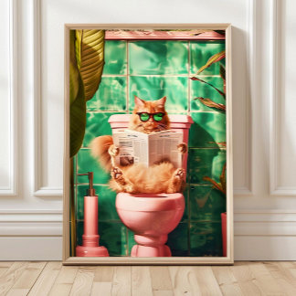 Yellow Funny Orange Cat Toilet Print, Trendy Bathr Poster