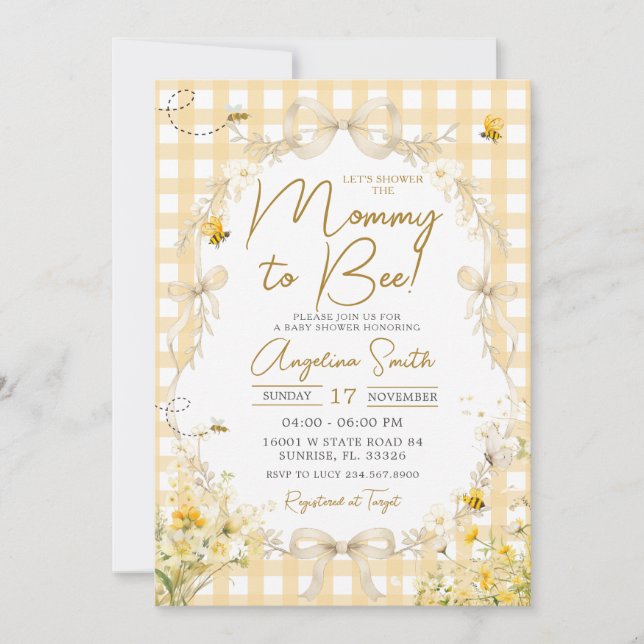 Yellow Gingham Bee Baby Shower Invitation Inbjudningar (Framsida)