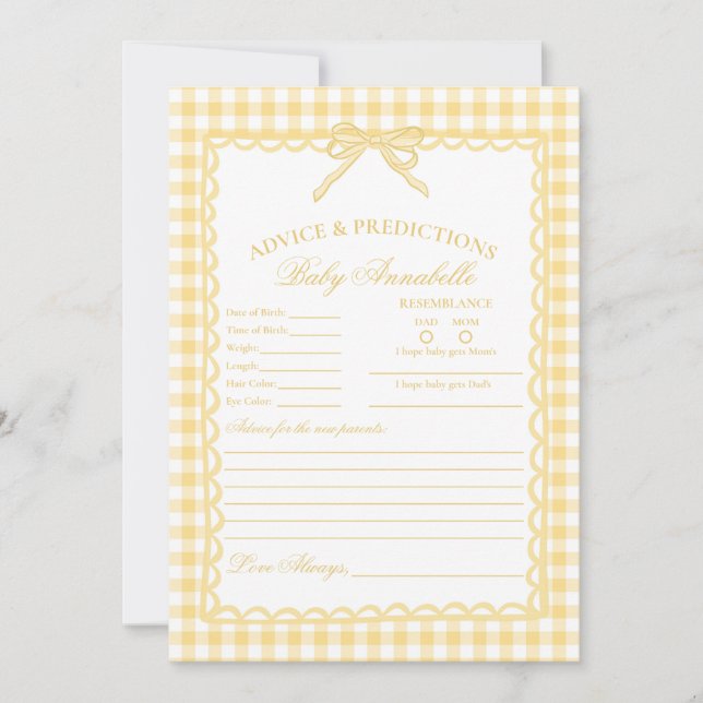Yellow Gingham Coquette Bow Advice for Baby Card Inbjudningar (Framsida)