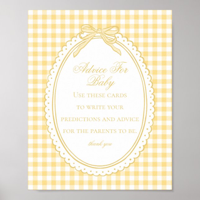 Yellow Gingham Coquette Bow Advice for Baby Shower Poster (Framsidan)